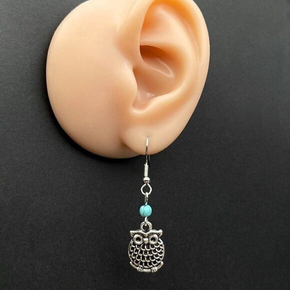 Silver Perched Owl on Branch with Blue Turquoise Beaded Dangling Hook Earrings - Picture 6 of 7